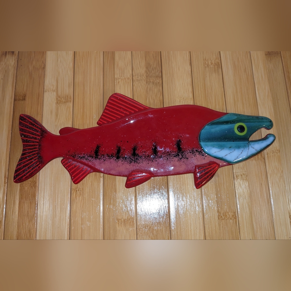 Sockeye Salmon Fused Glass Wall Art Sculpture Signed Red Blue Fish Artisan New